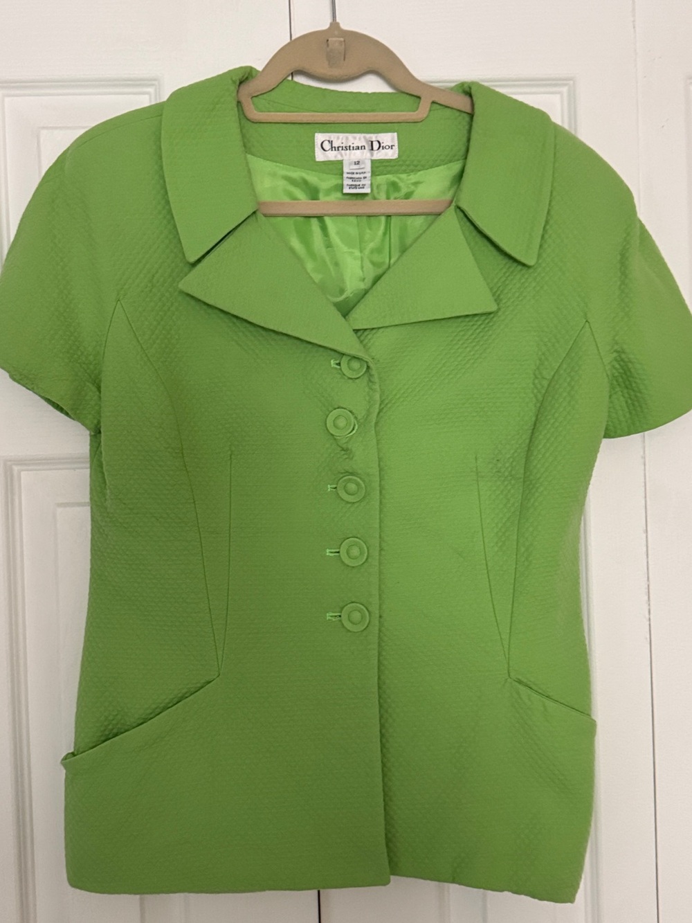 Vintage Christian Dior chartreuse Lime Green Short Sleeve Button Front Top shirt